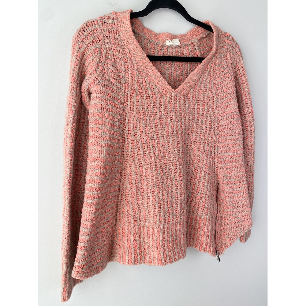 Anthropologie Moth Women Sweater S Pink Asymmetrical Alpaca V Neck Textured Boho - Picture 2 of 8
